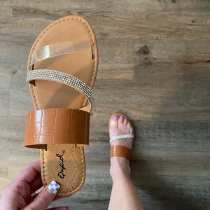 Brown Faux Leather Strappy Slide On Sandals